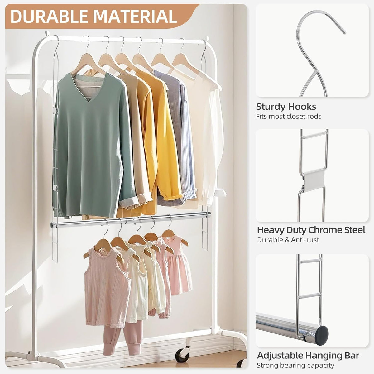 STORAGE MANIAC Hanging Closet Rod, Adjustable Width and Height Closet Hanging Organizer