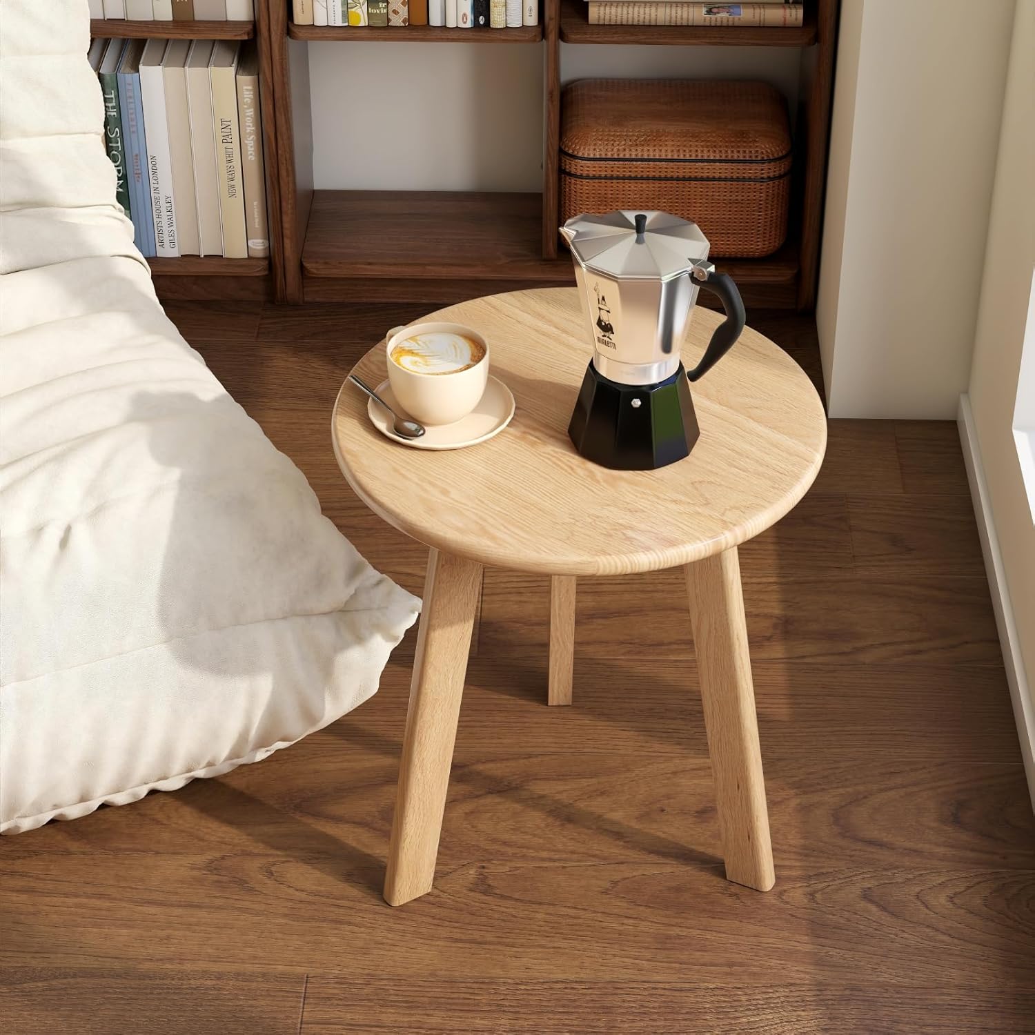 100% Solid Oak Round Side Table, Small Bedside Table for Small Spaces, Living Room End Table with