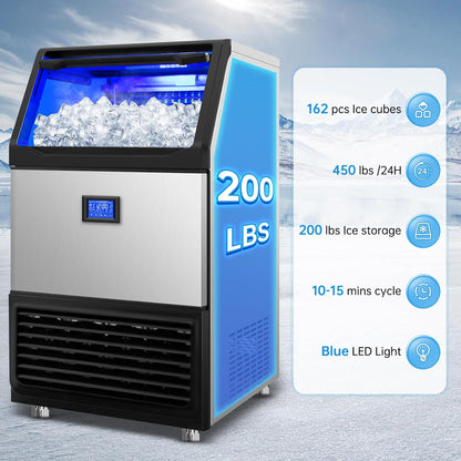 Ice Machine Commercial Ice Maker Machine, 450 Lbs /24H, 200 lbs Bin, Under Counter Built-in or