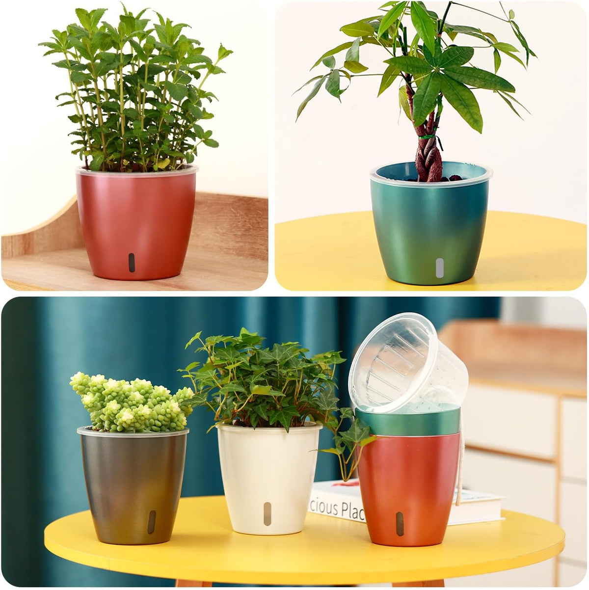 Self Watering Pots for Indoor Plants, 4-Pack 6.7'' Self Watering Planter with Drainage Holes, Small