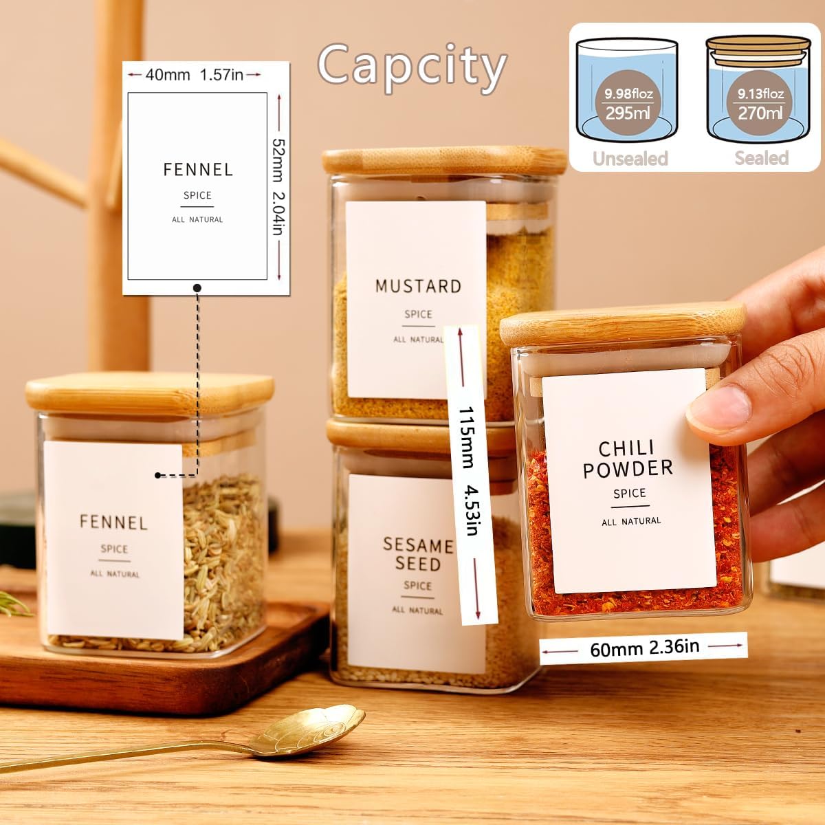 12 Pcs Square Glass Spice Jars with Natural Bamboo Lids - 9oz Airtight Herb Containers with 148