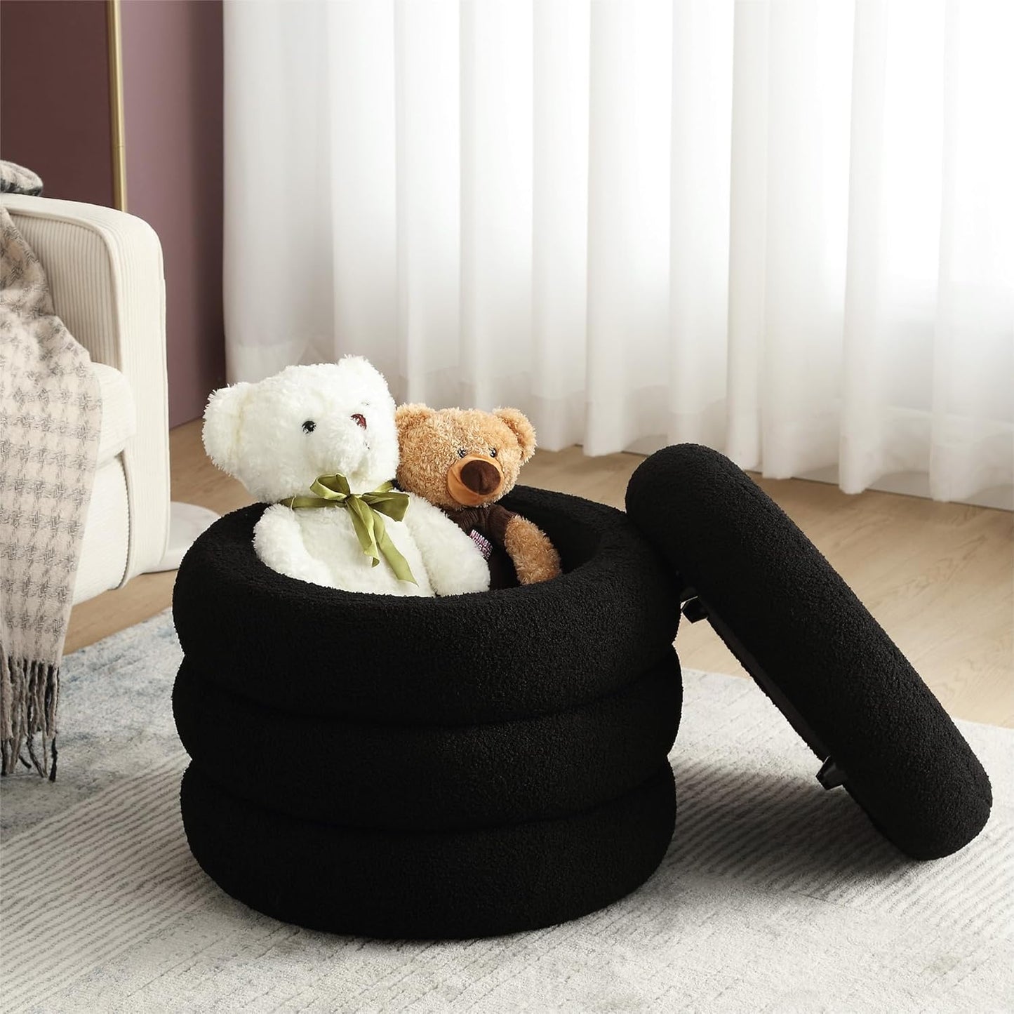 ONEVOG Sherpa Storage Ottoman, Foot Rest Stool Seat for Living Room, Black Vanity Foot Pouf, Tufted