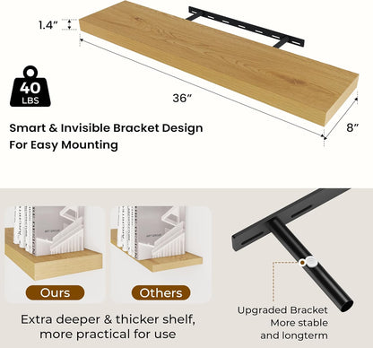 36 inch Floating Shelves Wall Shelves for Office with Invisible Brackets, 8 inch Deep Shelves for