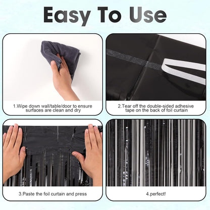 3 Pack 3.3x8.2 Feet Black Foil Fringe Backdrop Curtains, Tinsel Streamers Birthday Party