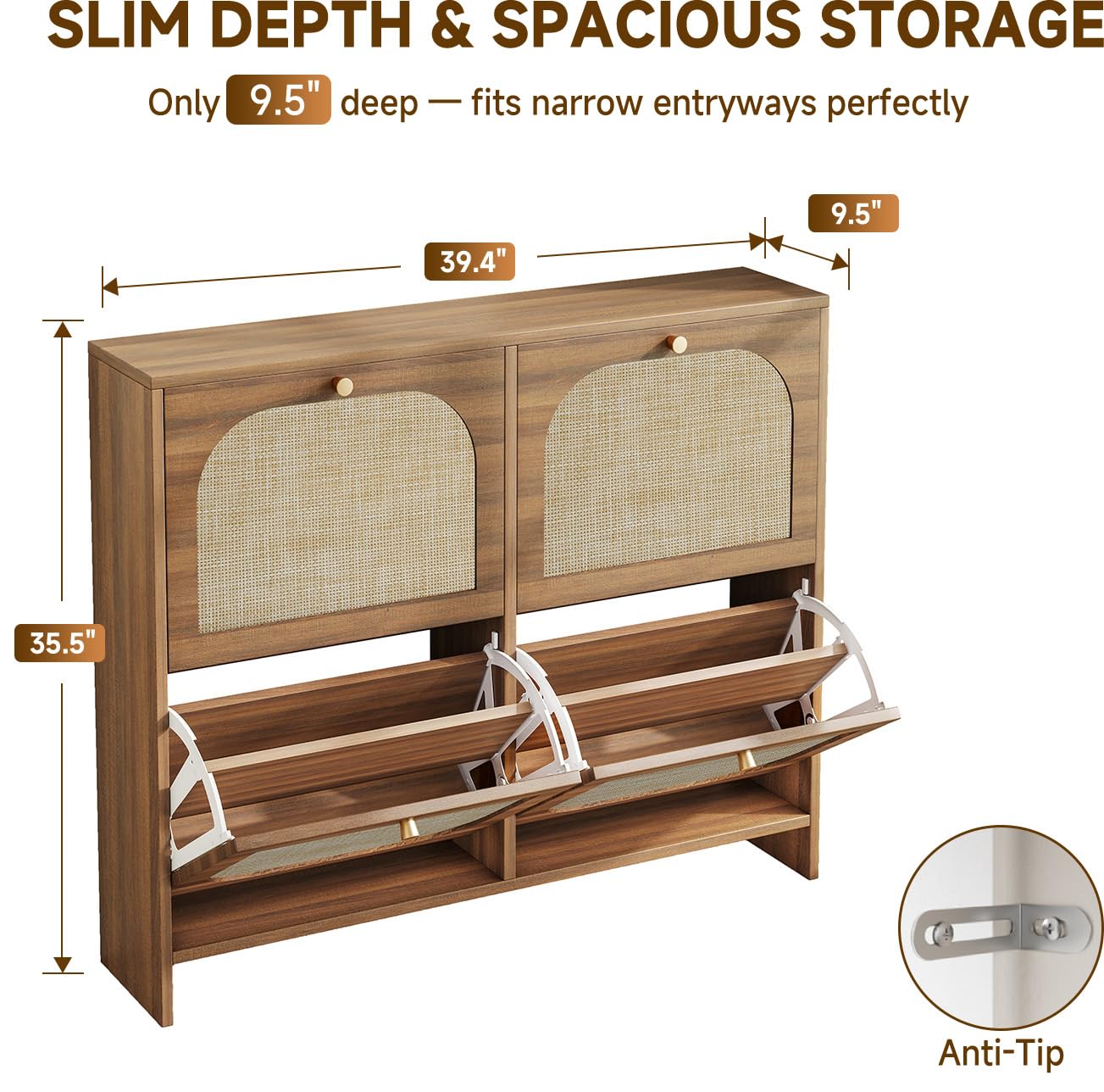 Nicetree Freestanding Ultra Slim Arched Rattan Accent Shoe Storage Cabinet for Entryway - 4 Flip