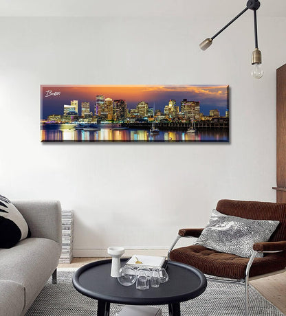 DJSYLIFE Boston Skyline Wall Art Canvas Prints Colorful USA City Night Pictures Modern Panoramic