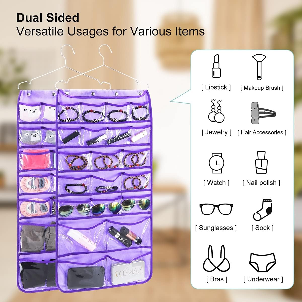 Dual Sided Hanging Organizer for Jewelry Makeup Storage Closet Organizers for Bows Socks Underwear