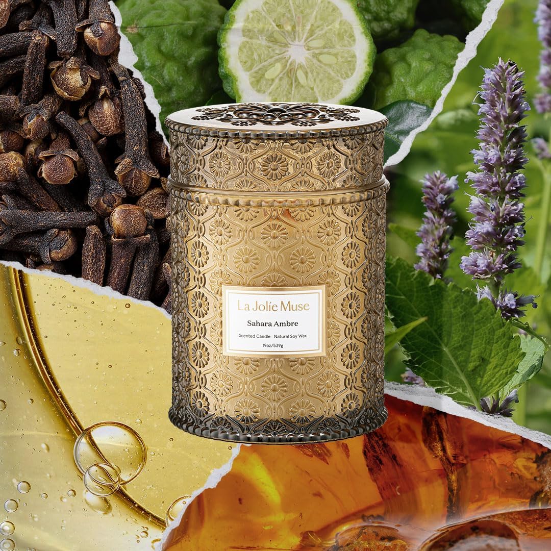 LA JOLIE MUSE Fall Candle | Sahara Amber Candle – Bergamot, Clove & Amber | 19 oz Wooden Wick |