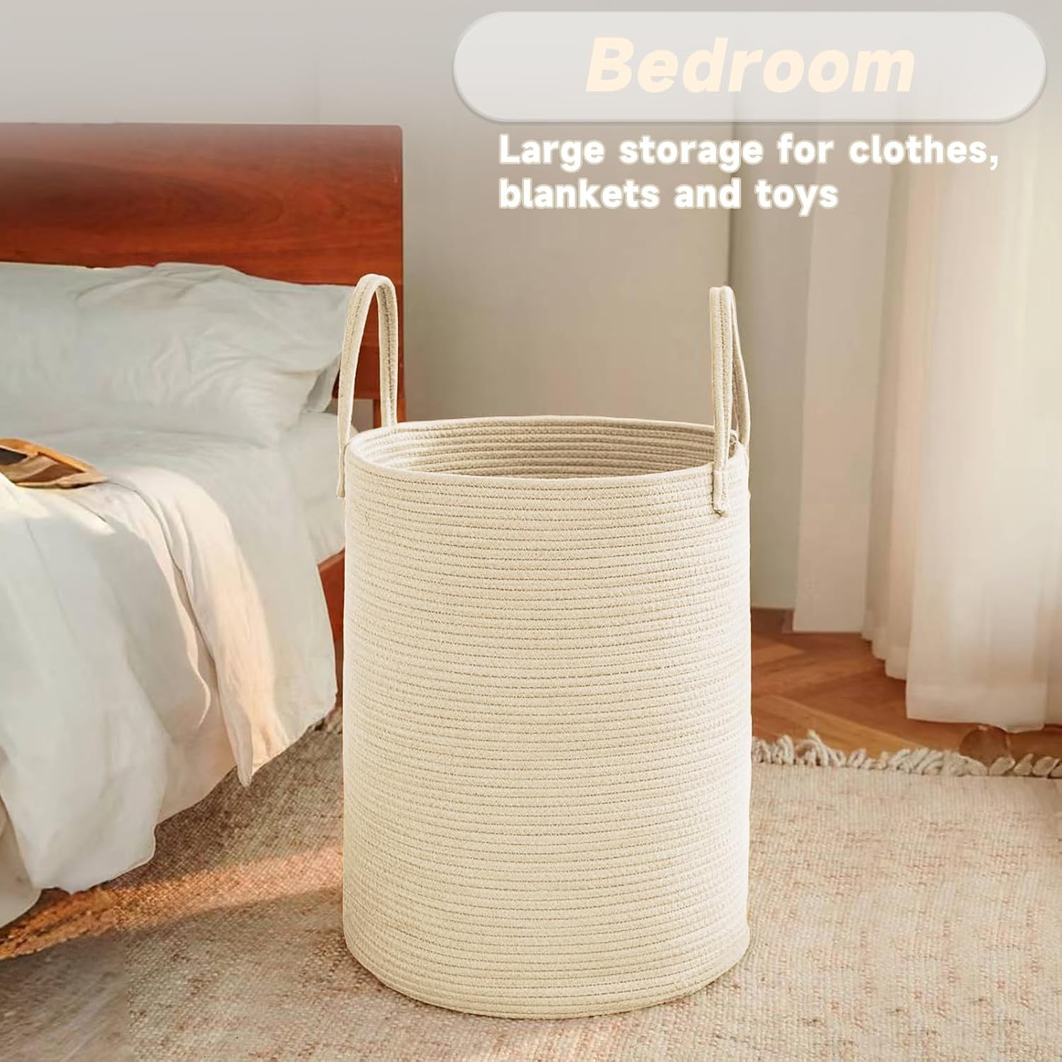 Large Woven Laundry Basket Hamper,60L Cotton Rope Storage Bin for Blankets,Toys and