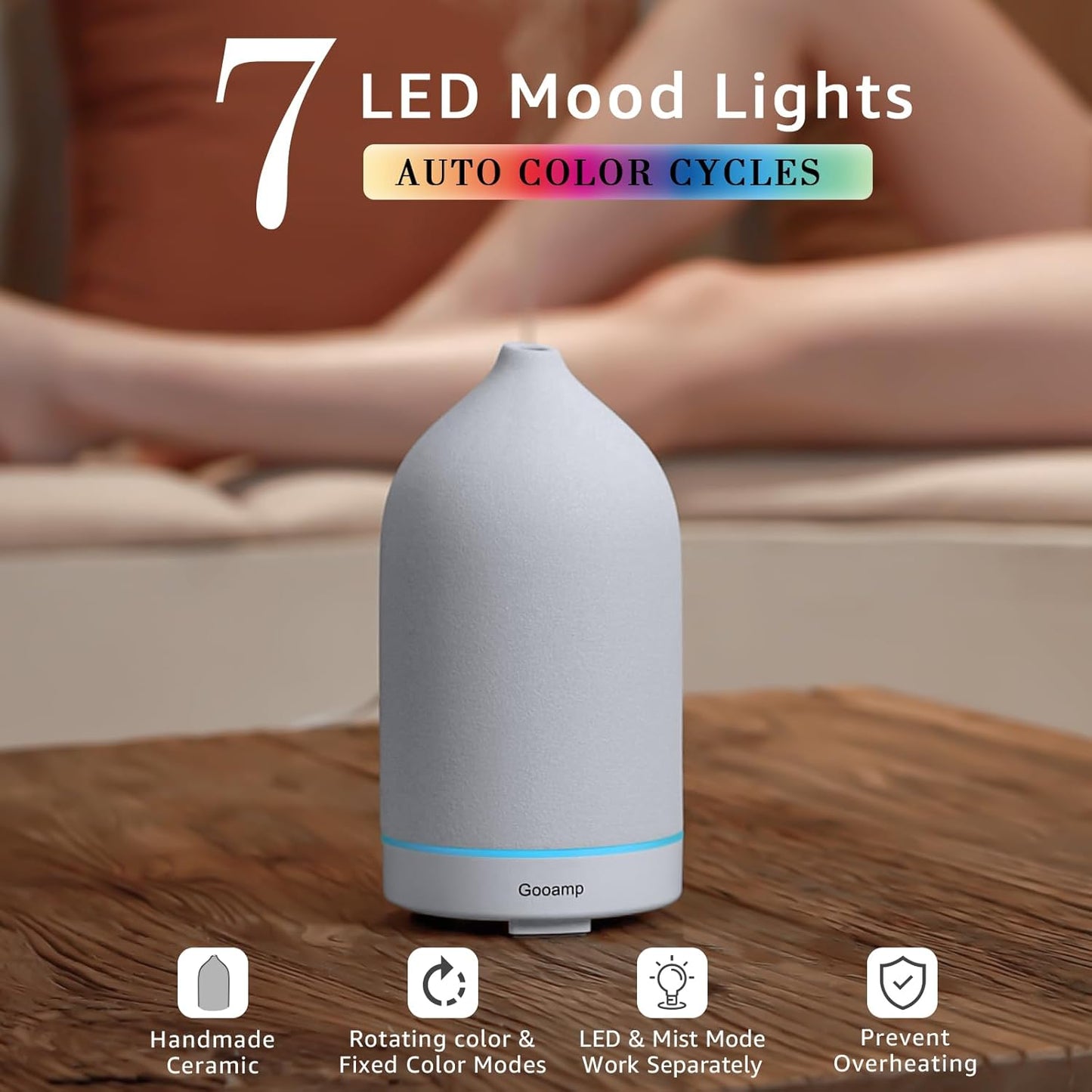 200ML Ceramic Essential Oil Diffuser - Ultrasonic Aromatherapy & Humidifier with 7-Color LED
