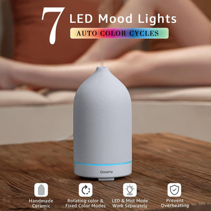 200ML Ceramic Essential Oil Diffuser - Ultrasonic Aromatherapy & Humidifier with 7-Color LED