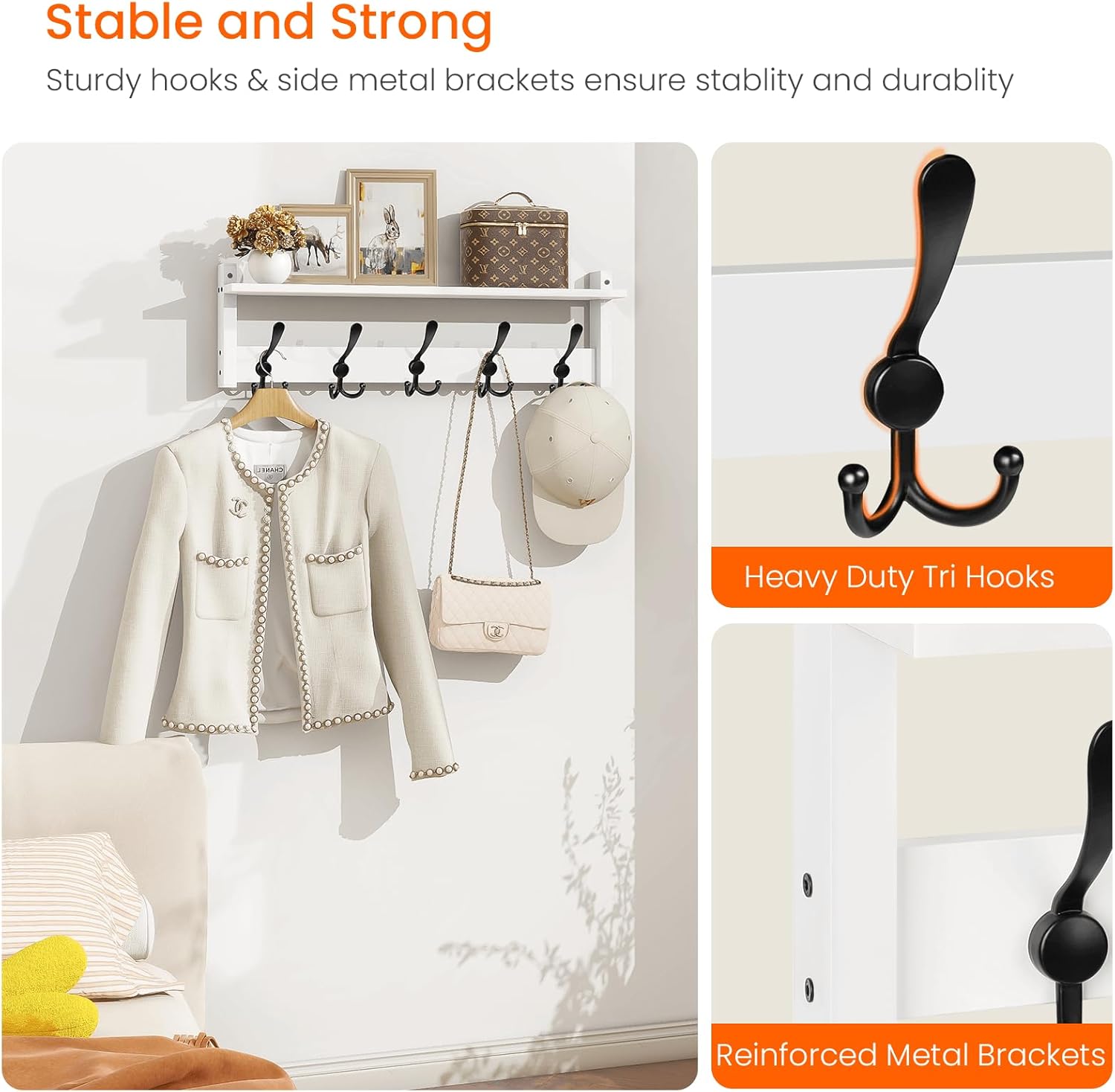 Homode Wall Shelf with Hooks, 24 Inch Coat Rack with Tri Hooks, Farmhouse Entryway Floating Coat