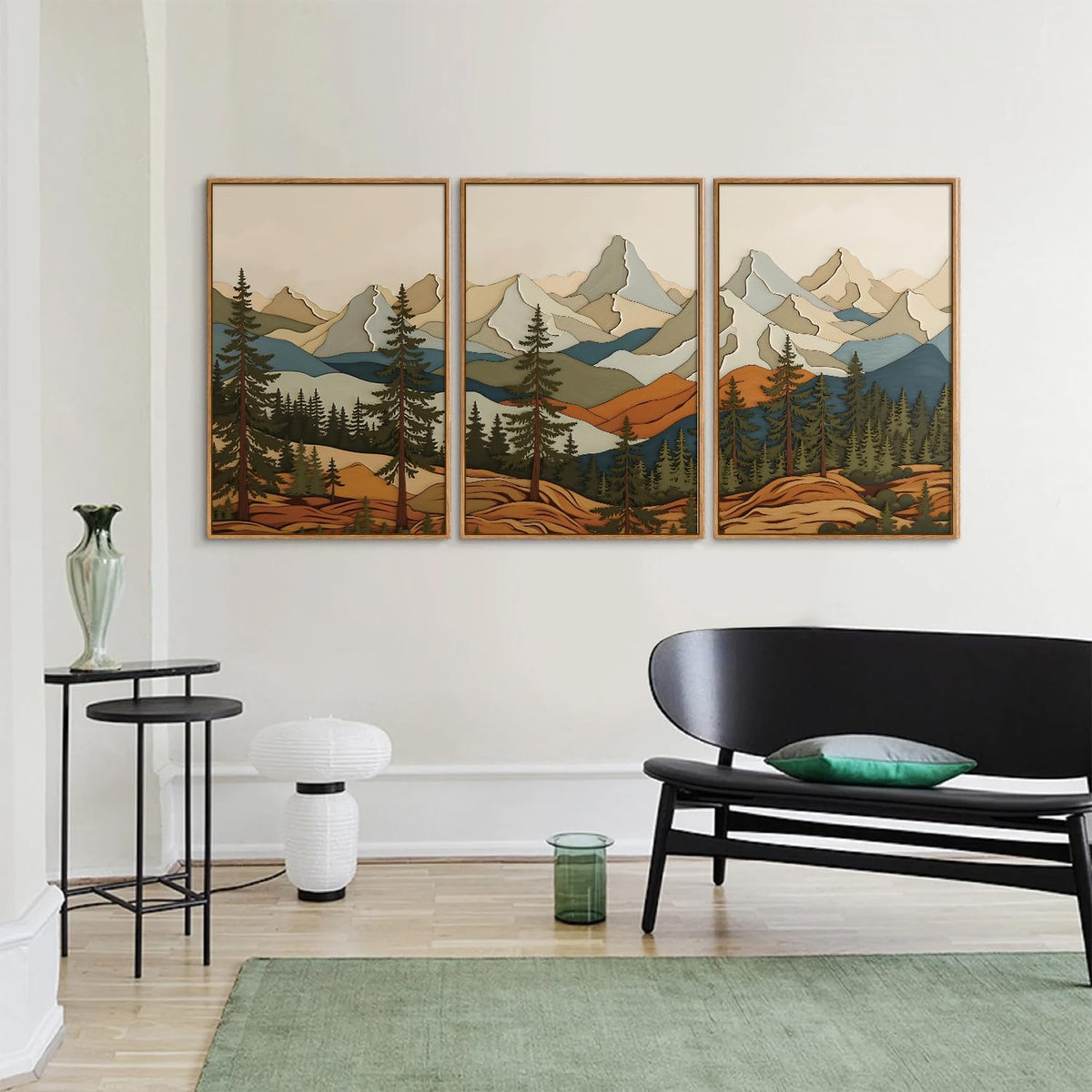 SIGNINART Vintage Mountains Framed Canvas Wall Art, Wooden Forest Wall Decor, Green Wood Pine Trees