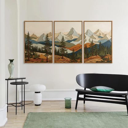 SIGNINART Vintage Mountains Framed Canvas Wall Art, Wooden Forest Wall Decor, Green Wood Pine Trees
