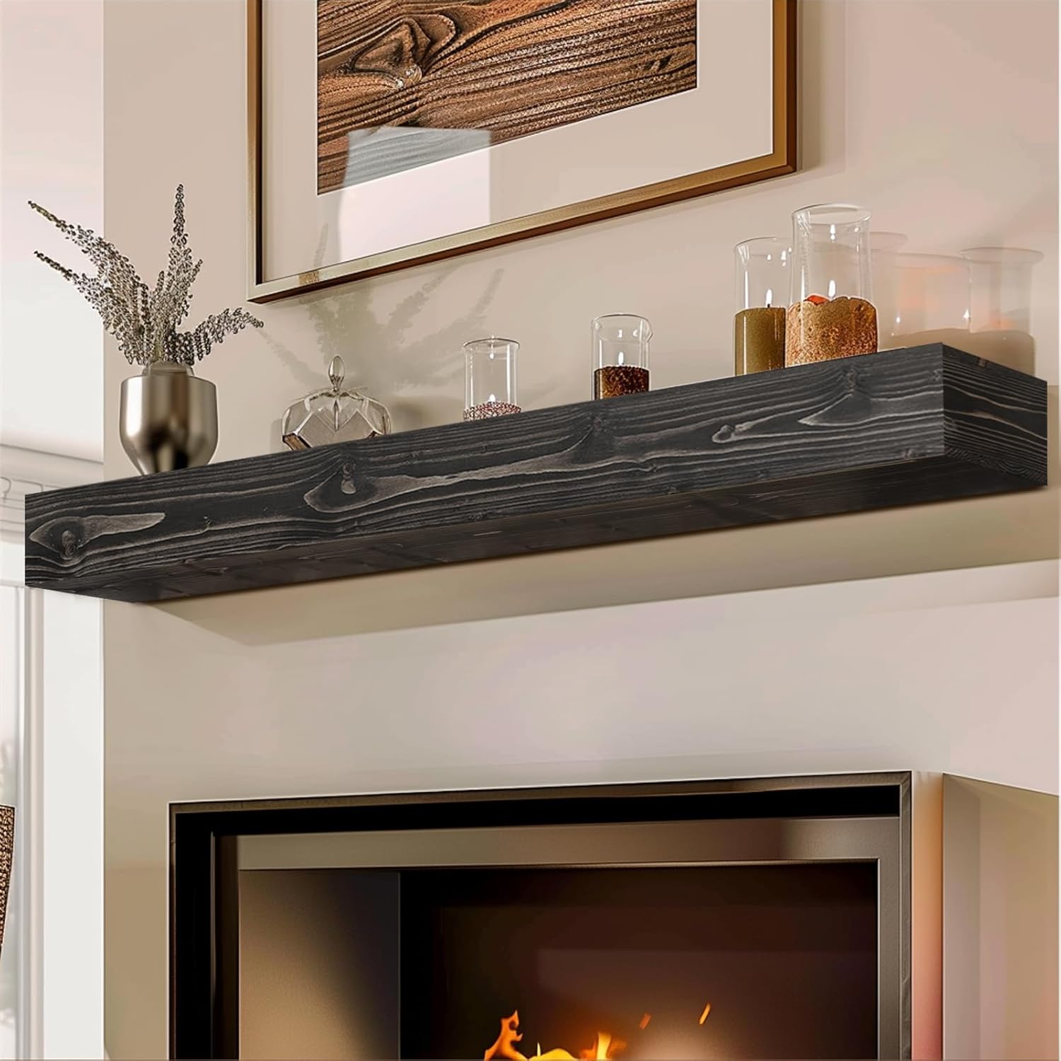 56x8x5 Fireplace Mantel - Handcrafted Hollow Rustic Solid Wood Wall Mounted Floating Shelf with