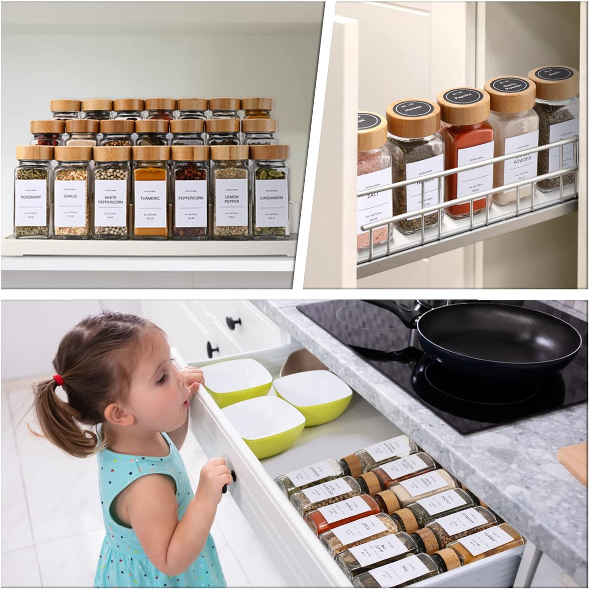 DIMBRAH Spice Jars with Label-4oz 36Pcs, Glass Spice Jars with Bamboo Lids, Container Set with