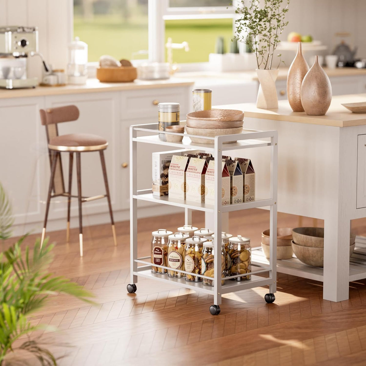 HITNET White Bar Cart, Home Bar Serving Cart, Kitchen Trolley on Wheels with Storage, 3 Tier