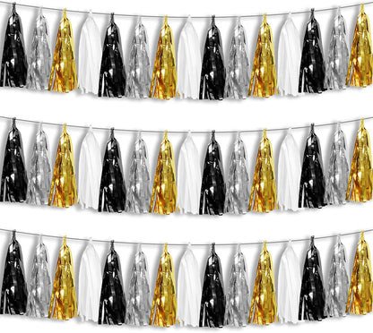3P Black Gold Silver Foil Fringe Metallic Tassel Garland, Tassels Banner Streamers for Parade