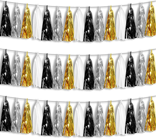 3P Black Gold Silver Foil Fringe Metallic Tassel Garland, Tassels Banner Streamers for Parade
