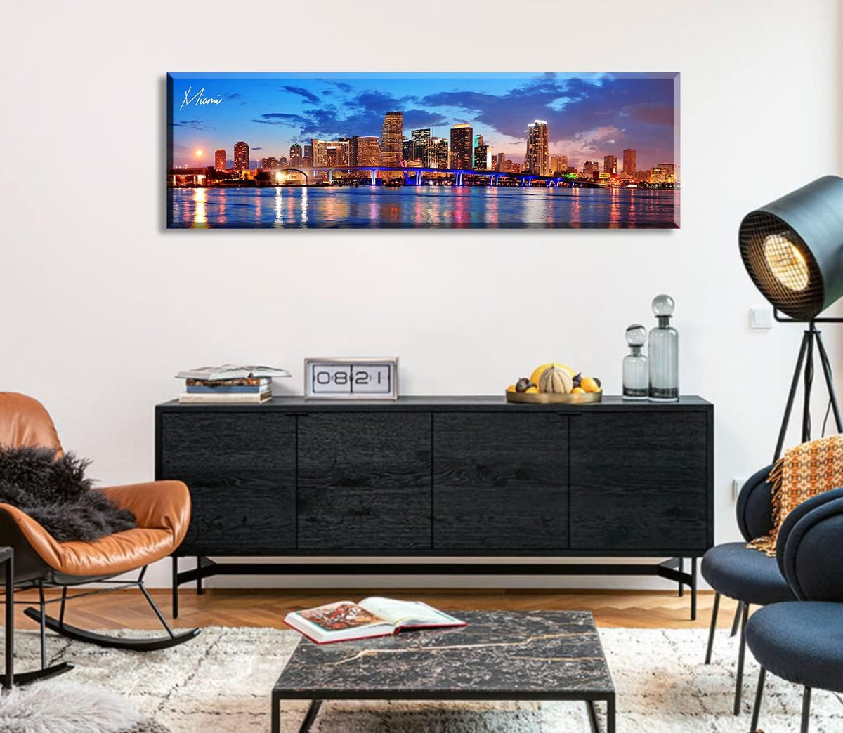 Office Wall Decor Miami Skyline Wall Art Panoramic Cityscape Picture Modern USA City Night View