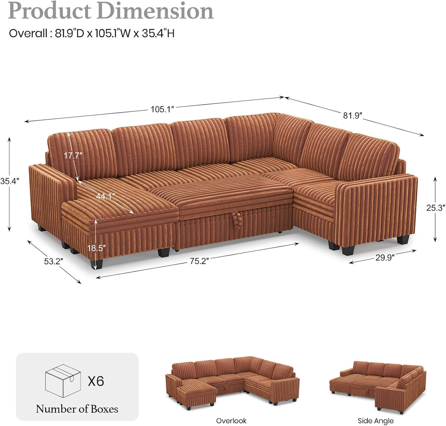 Belffin Corduroy Sleeper Sofa Bed with Storage Chaise Modular Sectional Sofa Couch with Pull Out