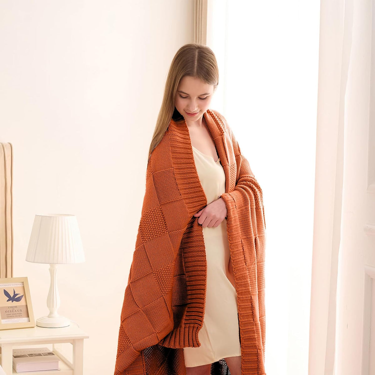 CozeCube Check Knit Throw Blanket, Rust Orange Checkered Throw for Couch, Decorative Christmas Soft