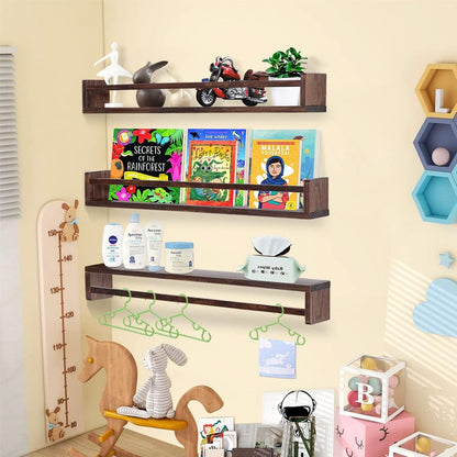 AZSKY Nursery Book Shelves Deep Walnut Wall Mount Floating Book Shelf for Bedroom Wooden Wall Book