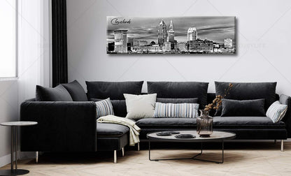 Cleveland Skyline Decor Wall Art Canvas Prints Black and White Night View USA Cityscape Panoramic