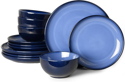 Blue Stoneware Dinnerware Set, 12 pcs Reactive Glaze Plates and Bowls Sets, Handmade Round Dishes