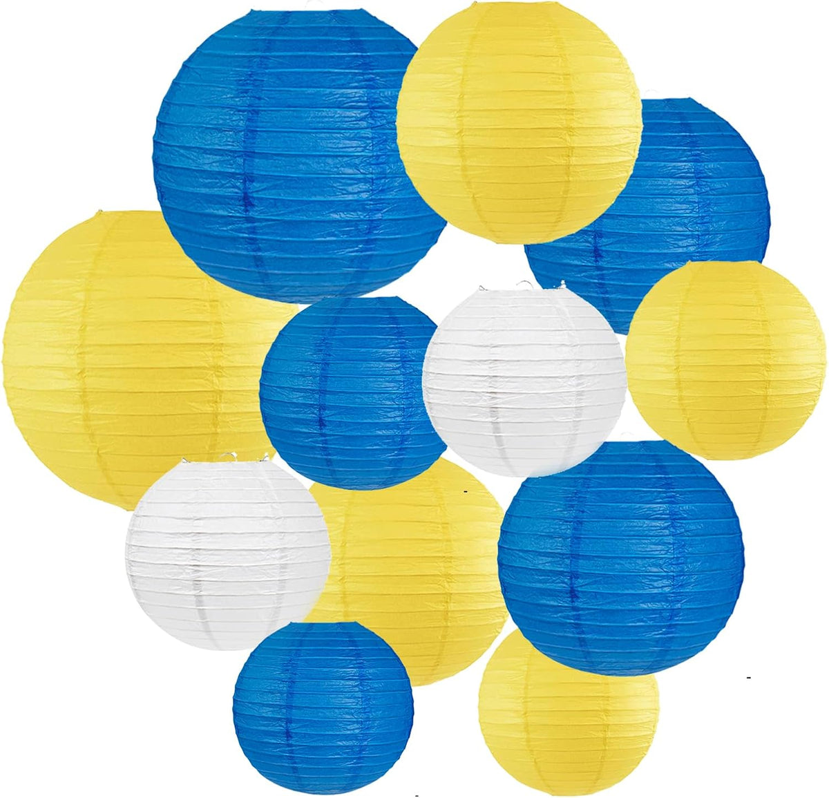 12Pcs Blue and Yellow Party Decorations Hanging Round Paper Lanterns Assorted Sizes (8" 10" 12")