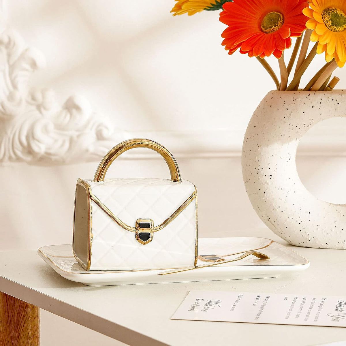 Zubebe 1 Set Coffee Mug Elegant Handbag Shaped Cup Modern Ceramic Purse Mug with Spoon and Saucer
