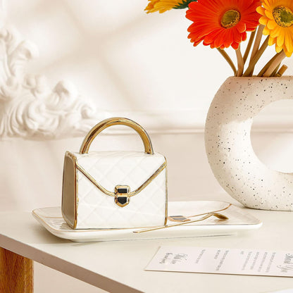 Zubebe 1 Set Coffee Mug Elegant Handbag Shaped Cup Modern Ceramic Purse Mug with Spoon and Saucer
