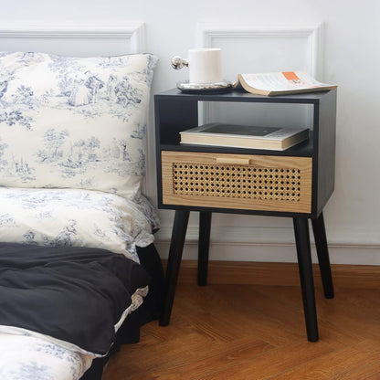 MaxSmeo End Table with Storage Mid Century Nightstand with Rattan Drawer and Shelf, Wood Small Side
