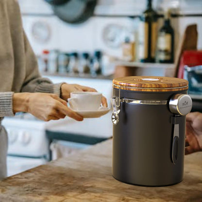 35OZ Coffee Canister for ground coffee with Date Tracker,Wood grain lid 304 Stainless Steel Kitchen