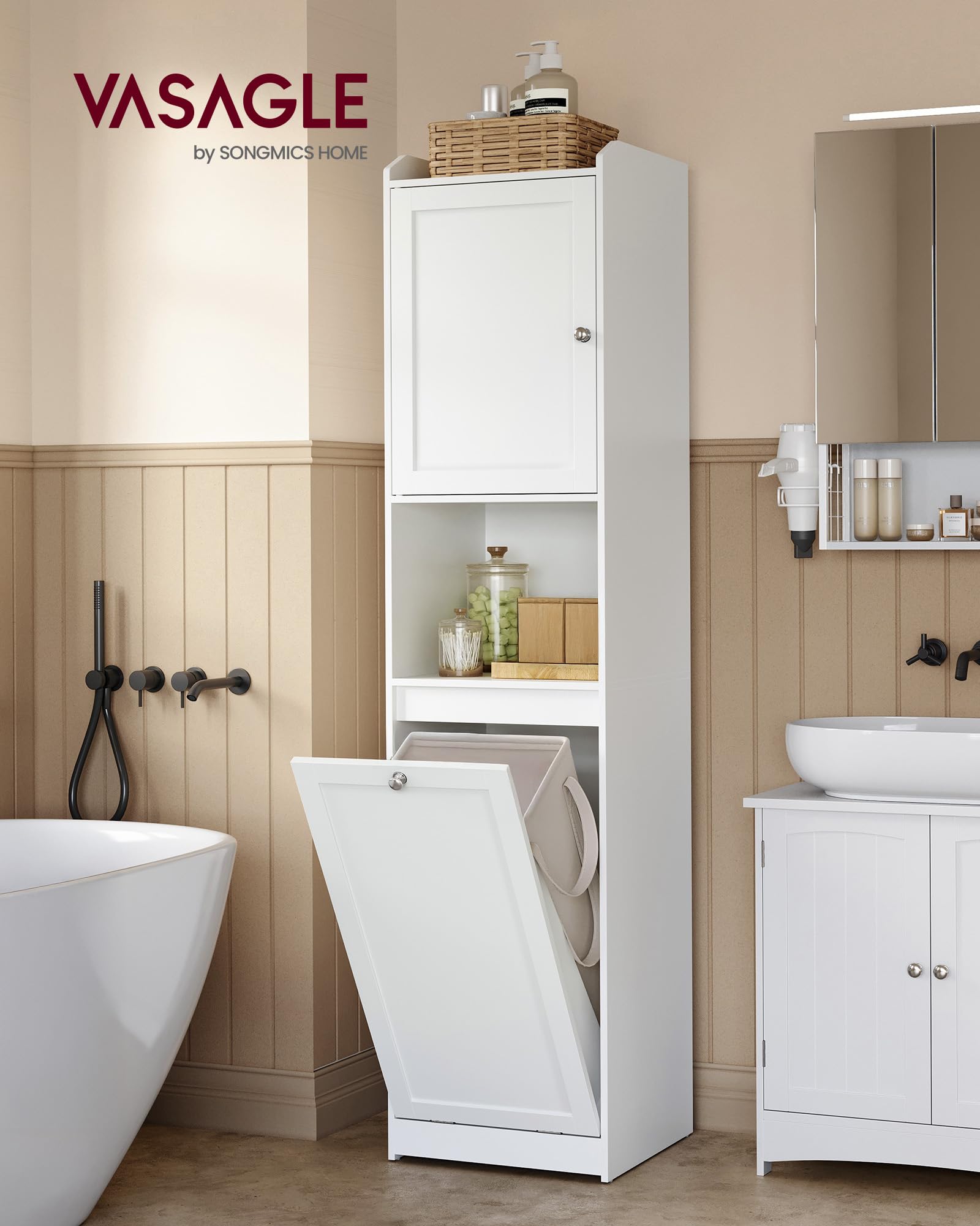 VASAGLE Tall Storage Cabinet, Storage Unit with Removable Laundry Basket, Compartment and Cabinet