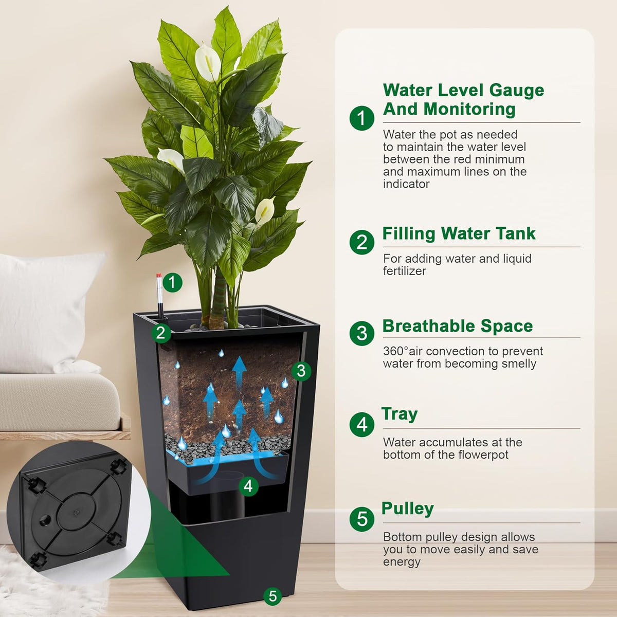 30" Tall Planters Set of 2, Outdoor＆Indoor Black Planter Pots, High Front Porch Planter Pots with