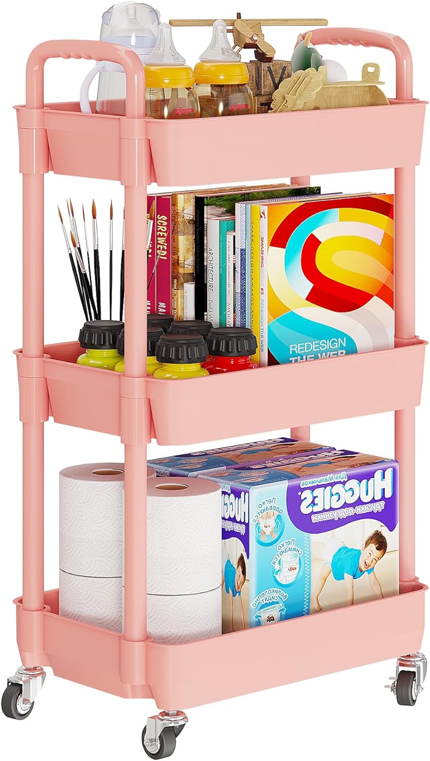 Laiensia 3-Tier Rolling Cart with Wheels,Multifunction Utility Storage carts, Kitchen Storage