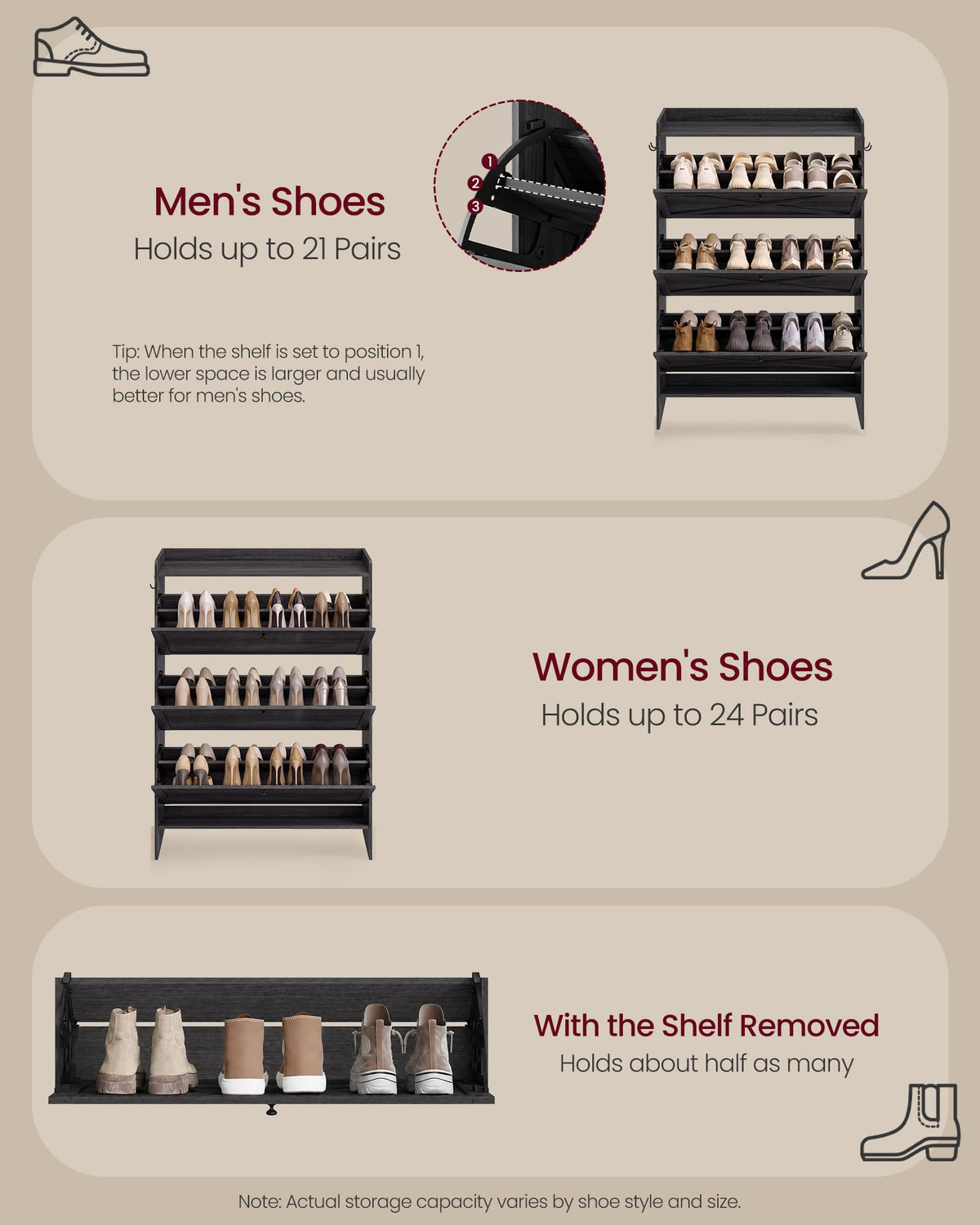 VASAGLE Shoe Storage Cabinet Organizer with 3 Flip Drawers, Freestanding Narrow Shoe Rack Cabinet