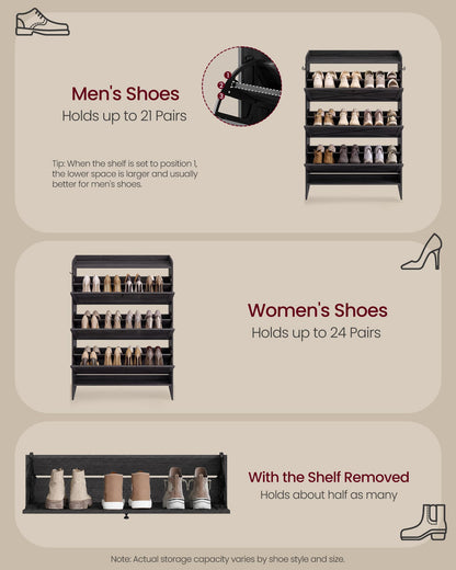 VASAGLE Shoe Storage Cabinet Organizer with 3 Flip Drawers, Freestanding Narrow Shoe Rack Cabinet