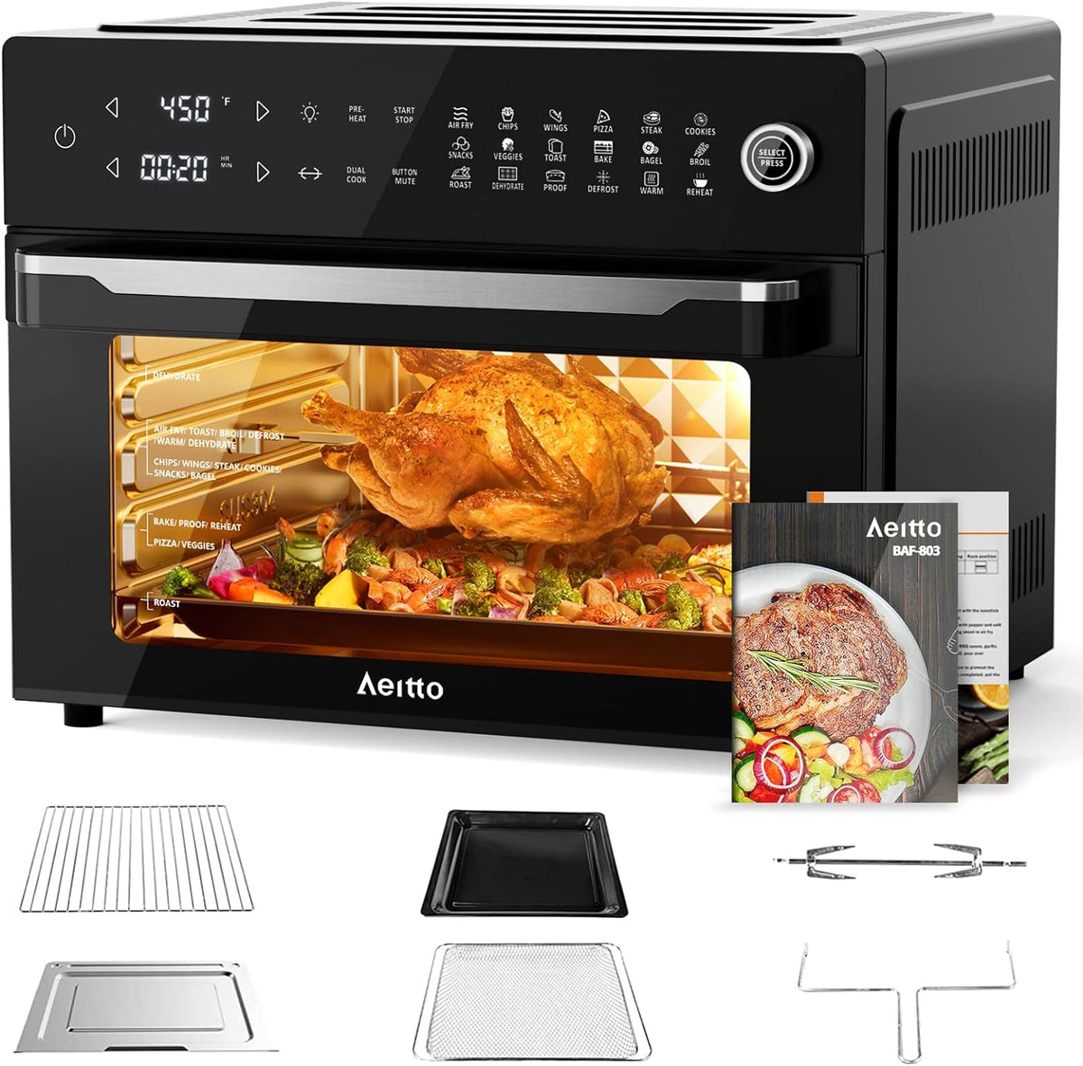 Aeitto® 32-Quart PRO Large Air Fryer Oven| Toaster Oven Combo | with Rotisserie, Dehydrator and
