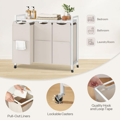 HOOBRO Laundry Sorter 3 Section, Laundry Hamper with Wheels, 3 × 11.5 Gal (43.4L), Rolling Laundry