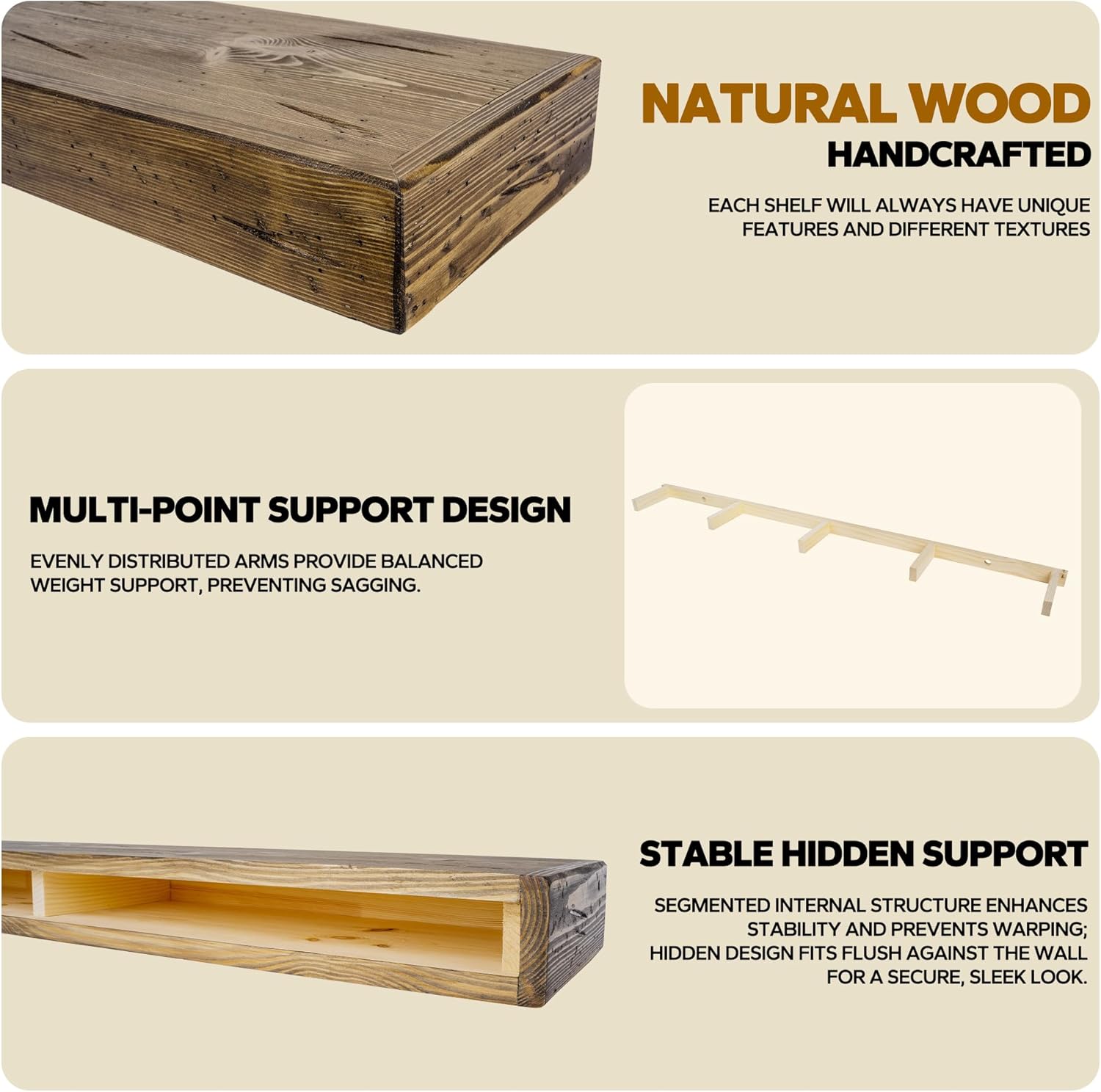 Floating Shelves 3 inch Thick for Wall Set of 2,Solid Pine Wood Wall Mount Shelf for Kitchen Living