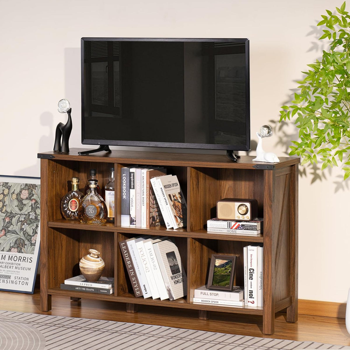 Farmhouse 6 Cube Book Shelf, Wood 3 Tier Storage Organizer Bookshelf, Brown Walnut 47" Horizontal