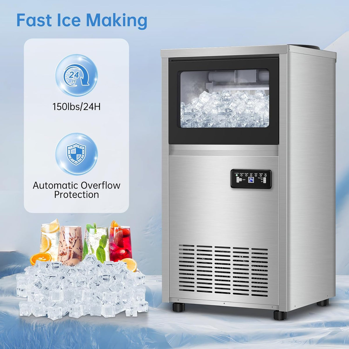 Ice Machine Commercial Ice Maker Machine, 150 Lbs /24H, 30 lbs Bin, Under Counter Built-in or