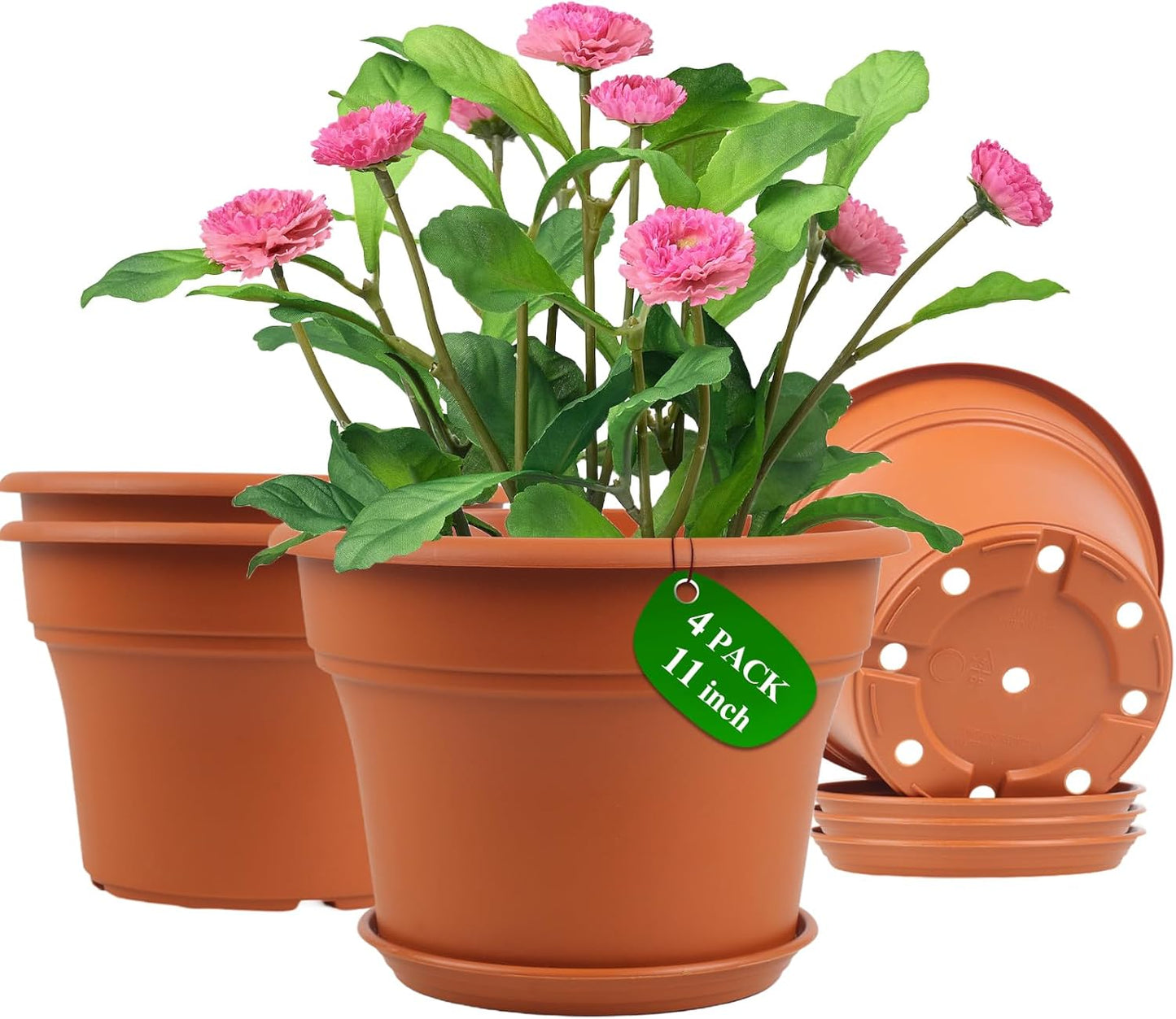 11 Inch Plastic-Flower-Pot-for-Indoor-Plants, 4 Pack Large Outdoor Planter Pot with Drainage Holes