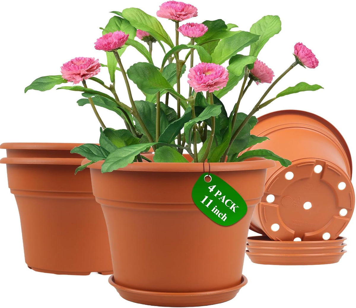 11 Inch Plastic-Flower-Pot-for-Indoor-Plants, 4 Pack Large Outdoor Planter Pot with Drainage Holes