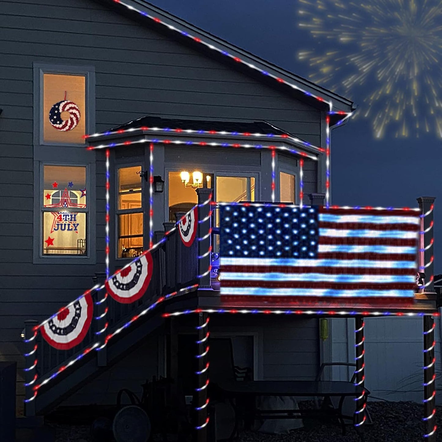 YEGUO 4th of July Decorations Red White and Blue Lights, 2 Packs Each 33ft 100 LED Solar Rope Light