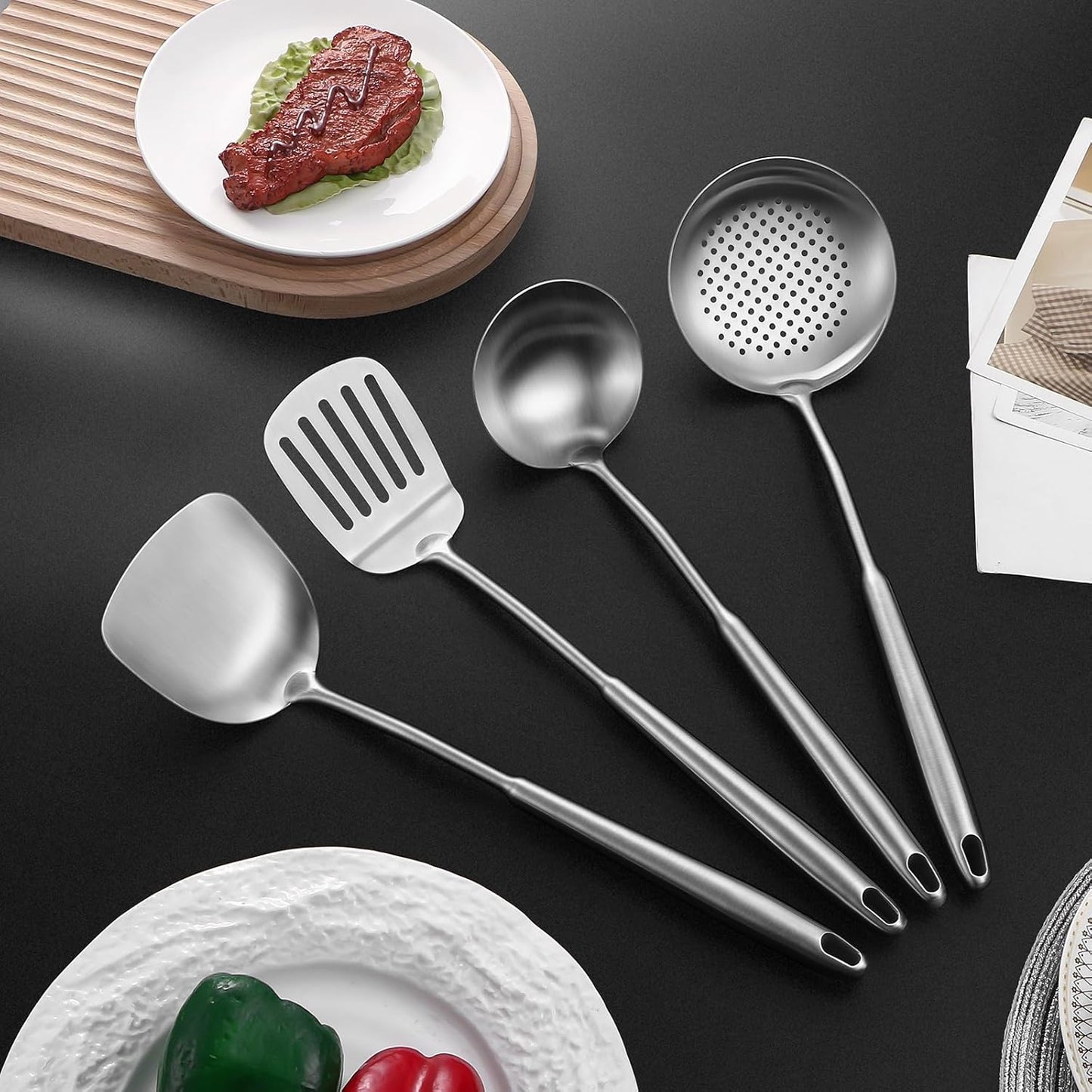 15" Wok Spatula and Ladle,Skimmer Spoon, Slotted Turner Spatula,304 Stainlss Steel Matte Kitchen