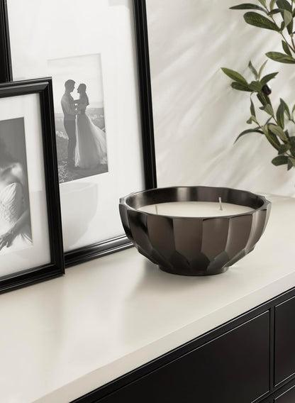 Kate and Laurel Plete Round Pleated Metal Candle Bowl, 8 Inch Diameter, Black Nickel, Modern