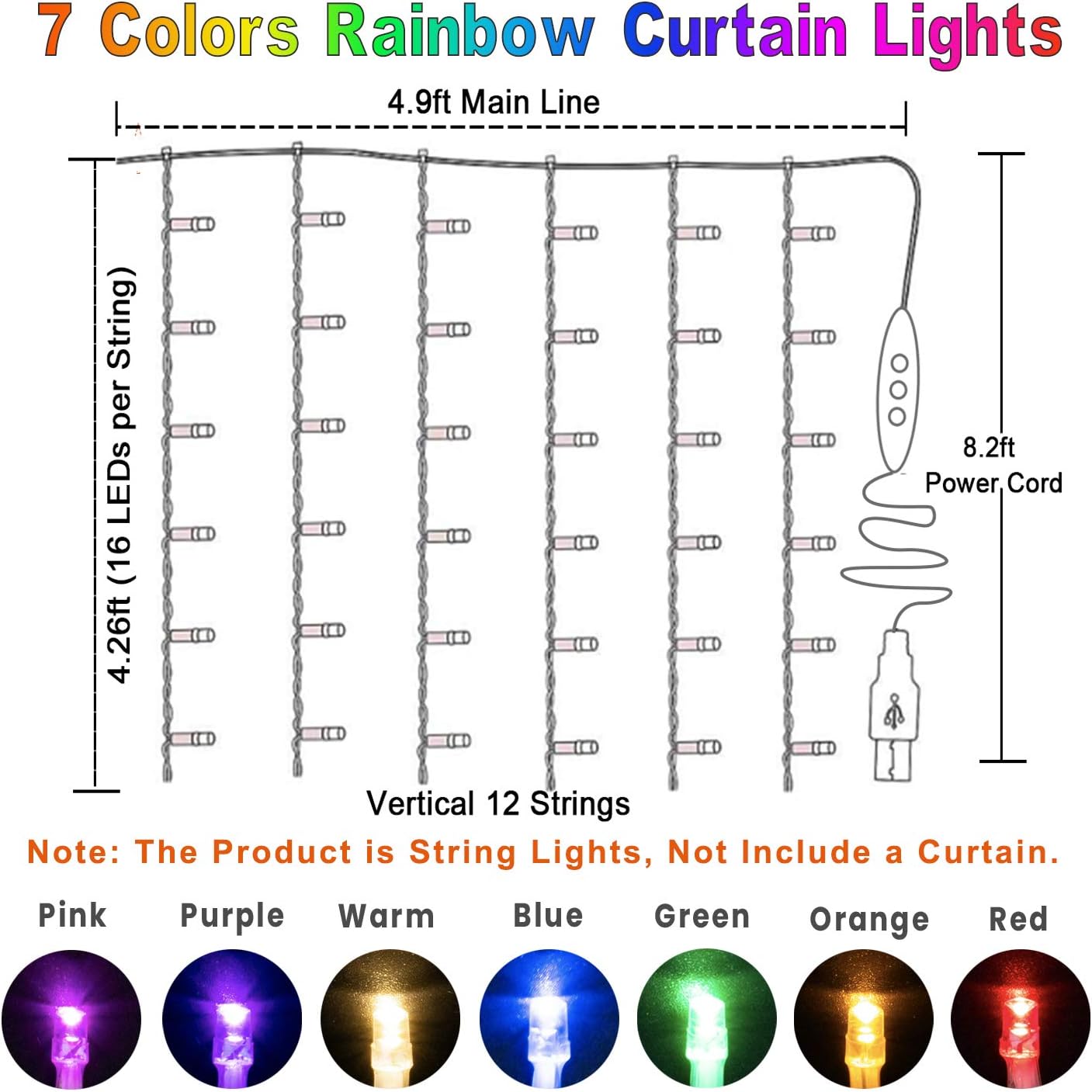 Rainbow Fairy String Curtain Lights with Remote, Twinkle LED Icicle Rainbow Lights Curtain for